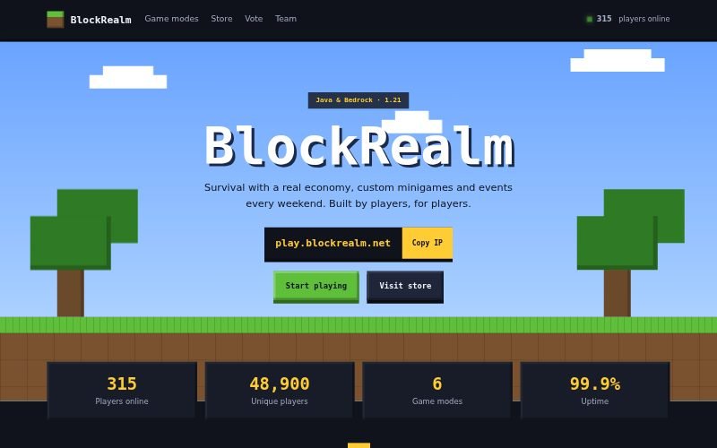 BlockRealm Minecraft server website — pixel-art landscape, server IP copy button and game modes
