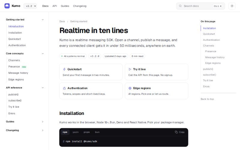 Kumo SDK documentation — sidebar, big headline, cards and an install code block