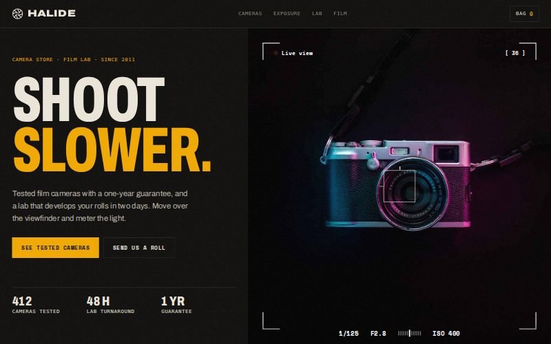Halide film camera store with huge condensed type and a camera in a viewfinder frame