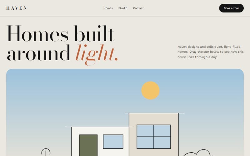 Haven architecture site — huge Bodoni headline above a line-drawn modern house