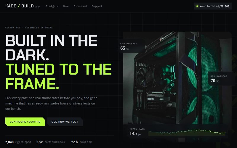 Kage Build gaming PC website with a green lit PC case and live telemetry cards