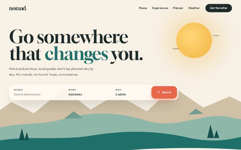 Nomad travel site — sand and teal layered hills, sun and a floating search bar