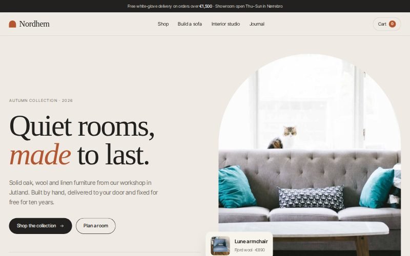 Nordhem furniture website with an arched photo of a grey sofa and a warm serif headline