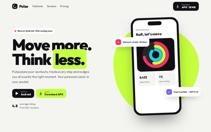 Pulse fitness app landing page — lime blob, phone mockup with activity rings and download buttons