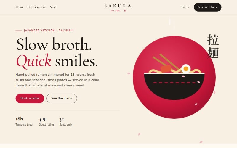 Sakura Bistro restaurant website — cream background, serif type and animated ramen bowl