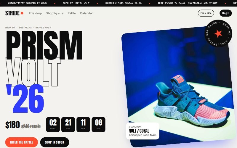 Stride sneaker drop website with giant outlined type, a countdown and a blue lit sneaker