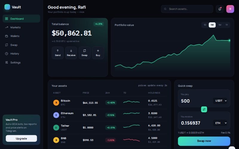Vault crypto portfolio dashboard — dark UI with live chart, asset table and swap widget
